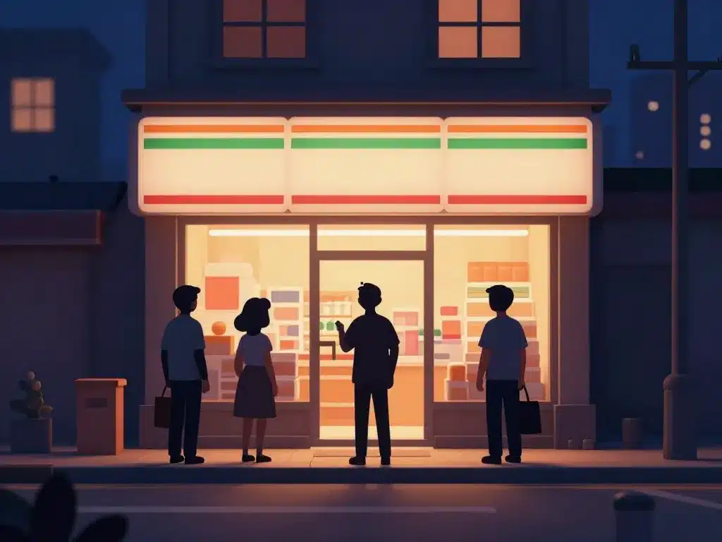 Scène de clients devant alimentation sweet city le soir