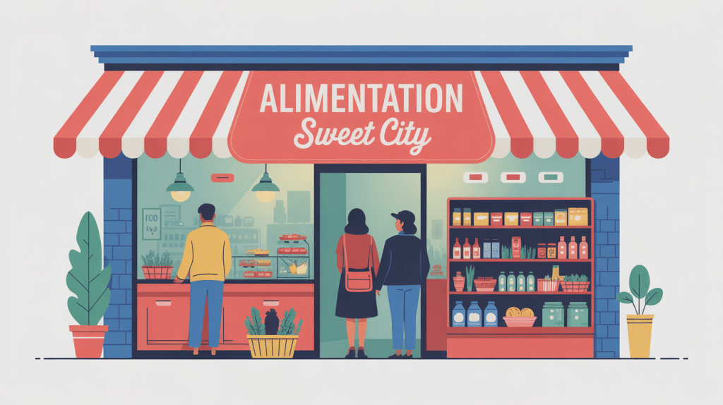 Illustration façade du magasin alimentation sweet city