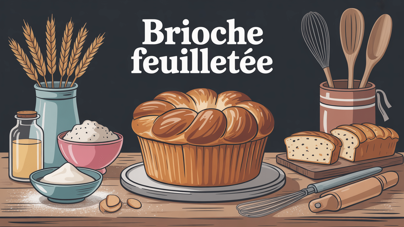 brioche feuilletée dorée avec couches distinctes sur table de cuisine