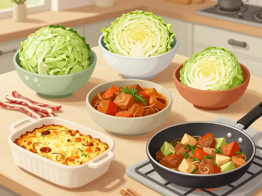 cuisine bowls de chou et lardons avec gratin, poêlée, plat mijoté