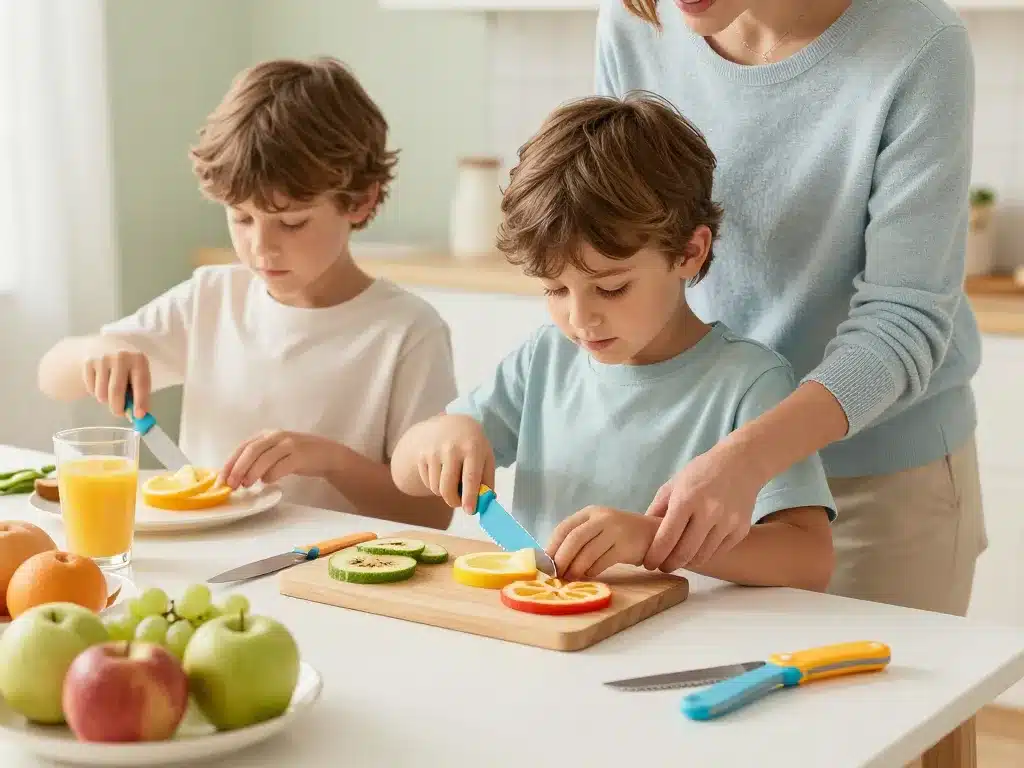 enfants utilisant couteau enfant à table cuisine et pique-nique