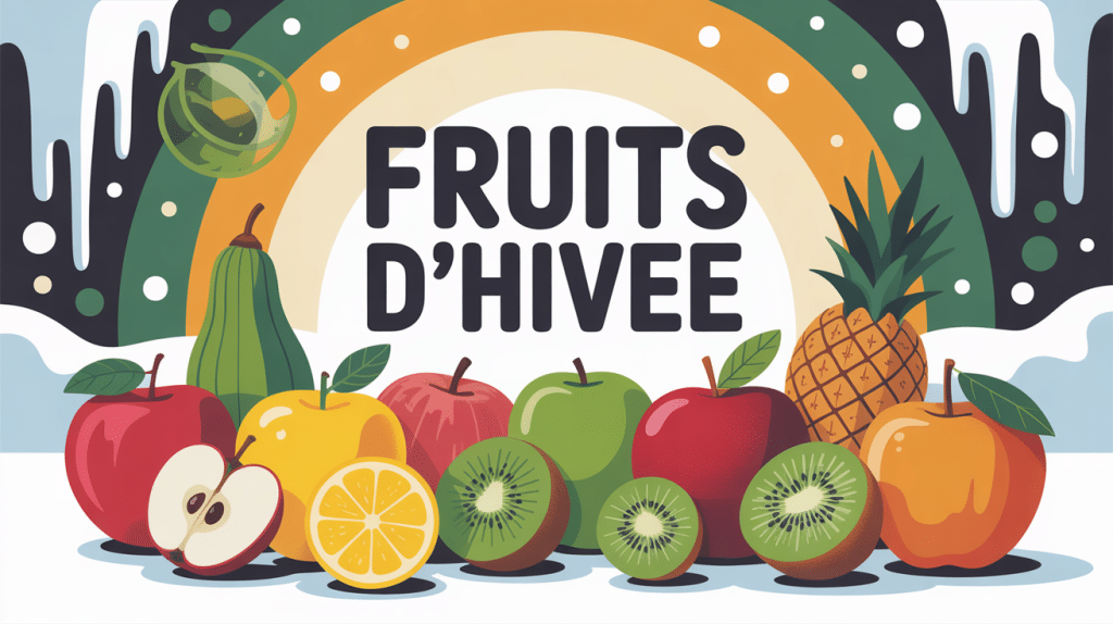 illustration colorée de fruits d'hivers sur table ambiance hivernale