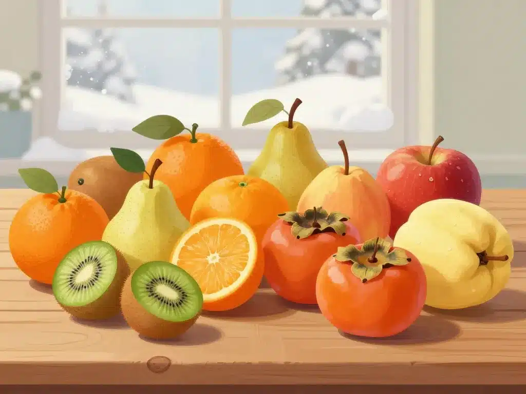 divers fruits d'hivers variés sur table esthétique