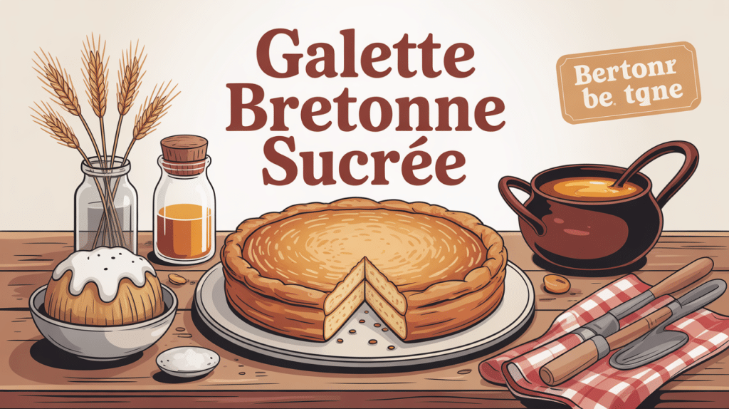 Illustration galette bretonne sucrée chaude sur table avec éléments traditionnels