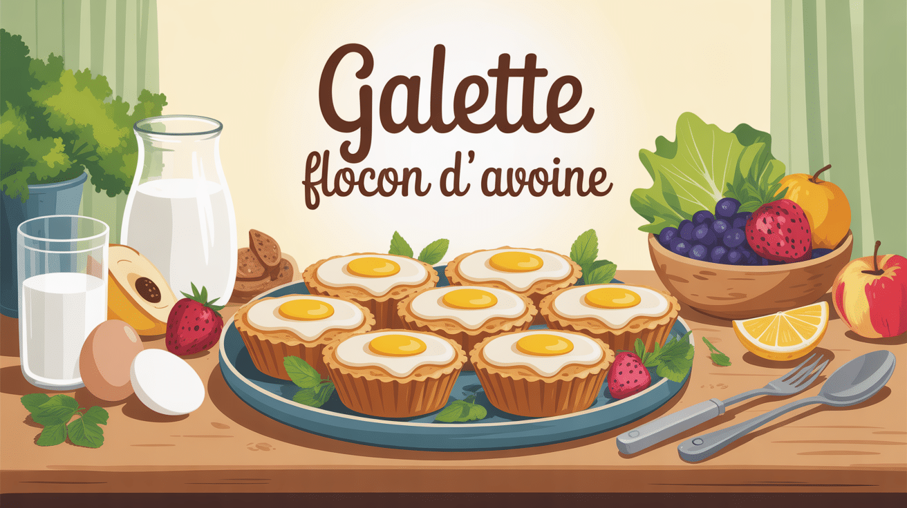 galette flocon davoine avec œuf lait fruits sur assiette