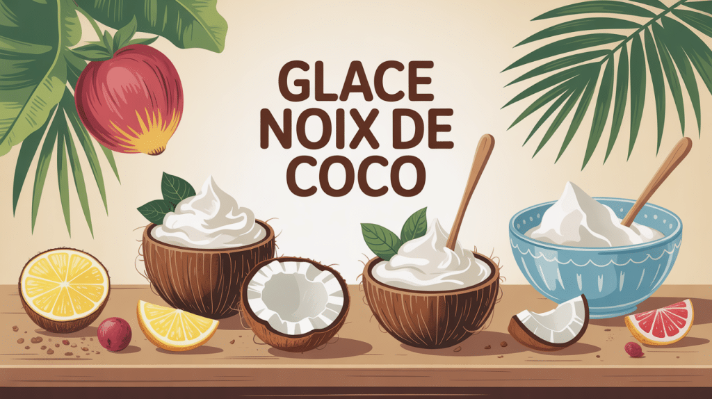 glace noix de coco maison sur table avec fruits exotiques