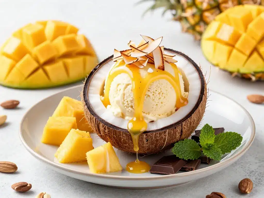 glace noix de coco décorée fruits et chocolat sur assiette élégante