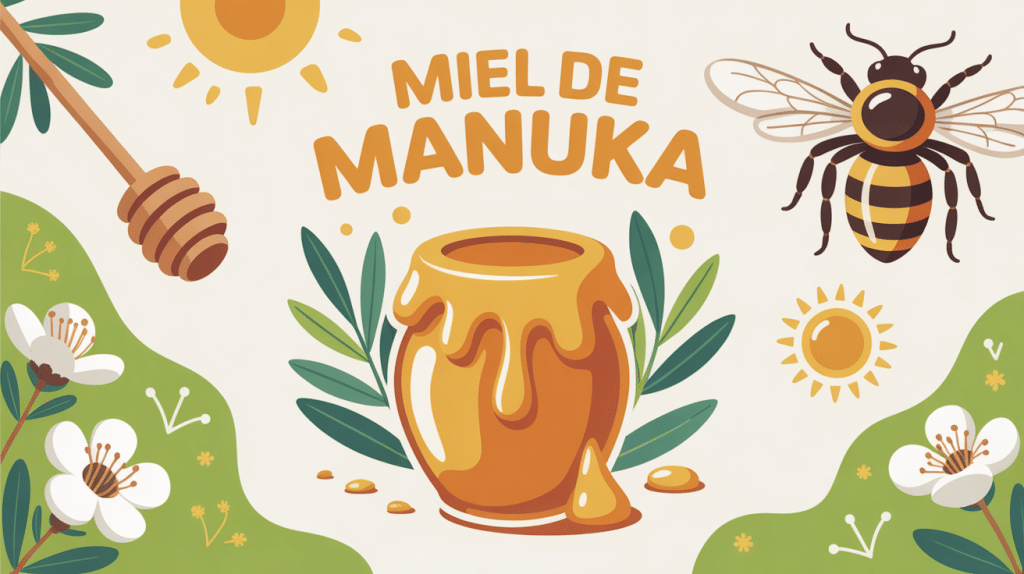 illustration miel de manuka 15 bienfaits, pot, fleurs, ambiance naturelle