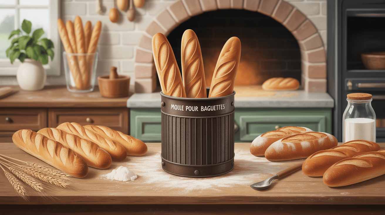 moule pour baguettes avec baguettes dorées et farine