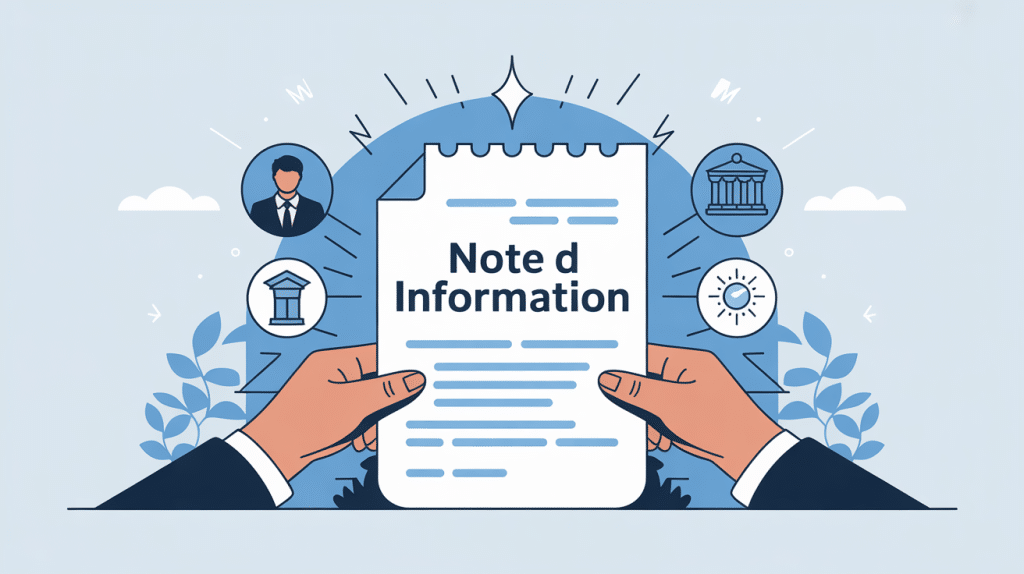 note d'information stylisée sur fond bleu avec icônes