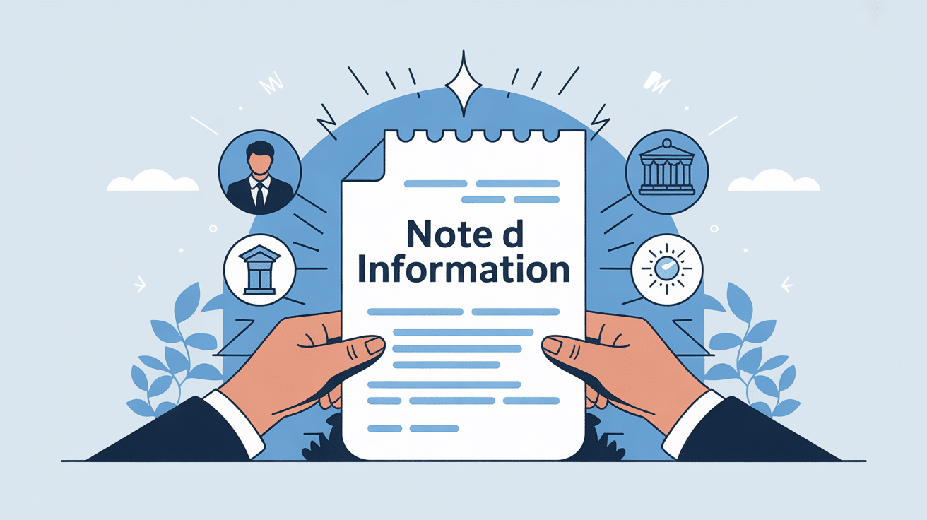 note d'information stylisée sur fond bleu avec icônes