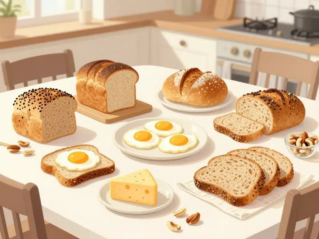 pain pour petit déjeuner équilibré avec différentes sortes de pain