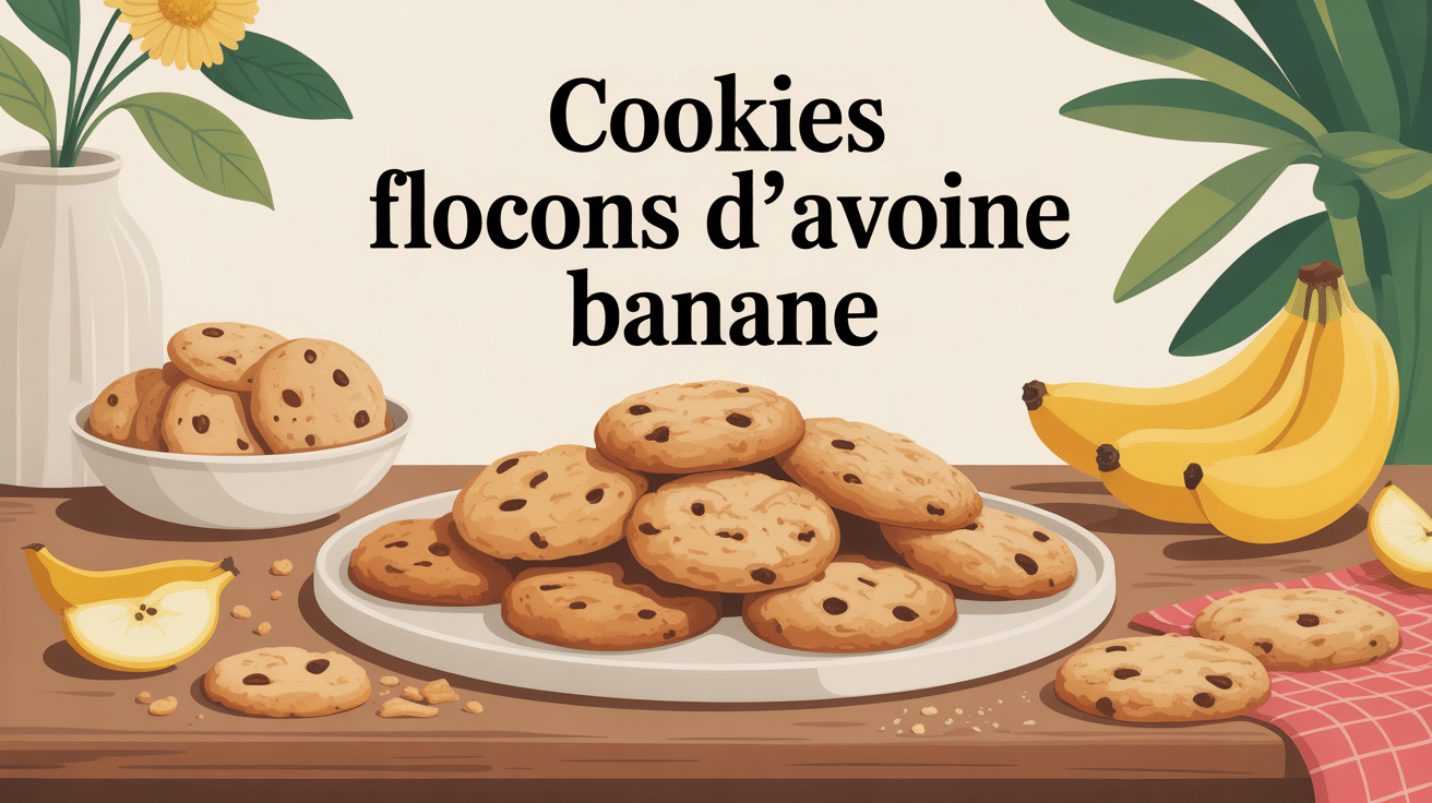 illustration recette cookie flocons d'avoine banane assiette table rustique