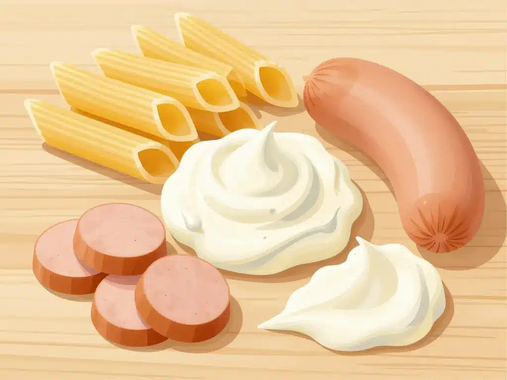 recette pâte saucisse creme fraîche ingrédients sur table bois