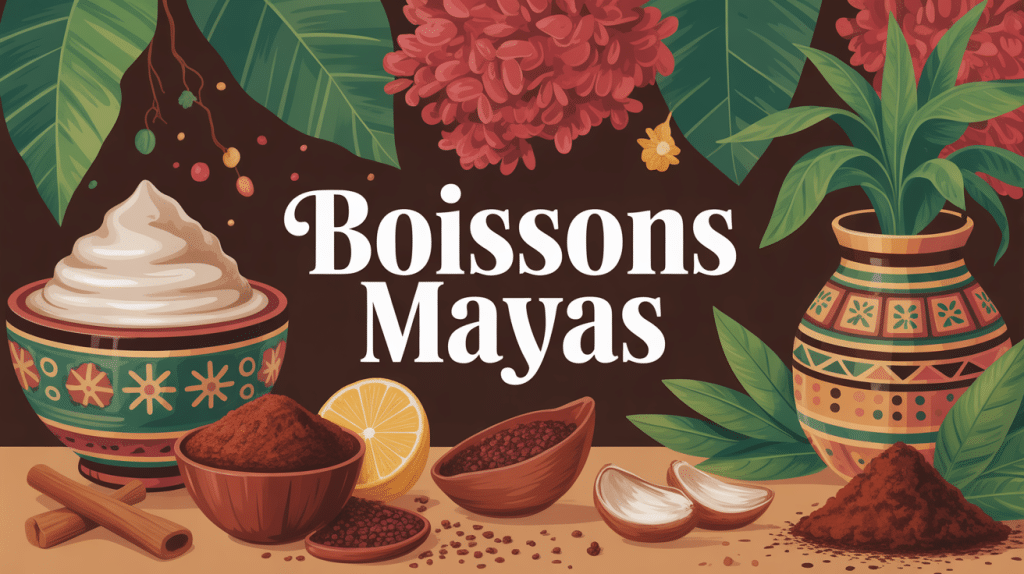 Illustration boisson maya cacao maïs épices style maya