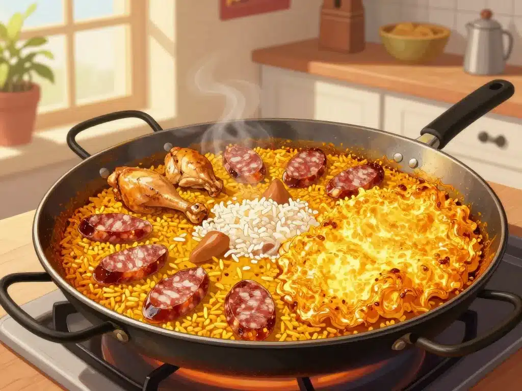 étapes de cuisson recette paella poulet et chorizo