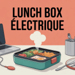 Lunch box electrique ouverte avec vapeur sur bureau