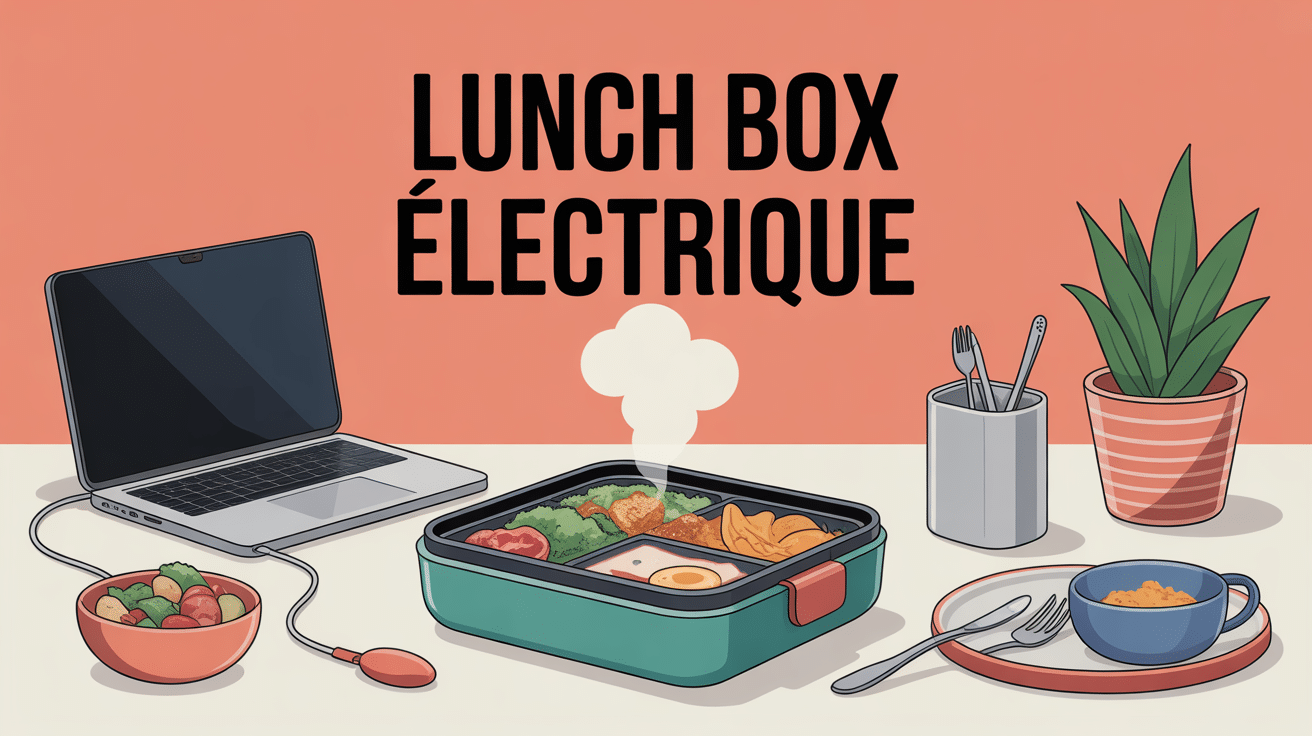 Lunch box electrique ouverte avec vapeur sur bureau