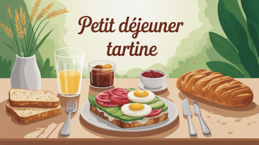 Petit dejeuner tartine, table appétissante, pain, garnitures sucrées et salées