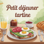 Petit dejeuner tartine, table appétissante, pain, garnitures sucrées et salées