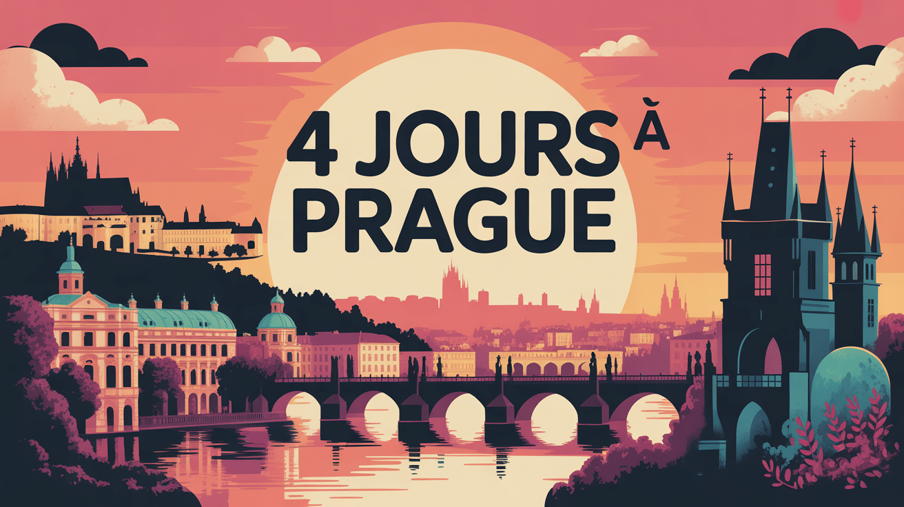Illustration stylisée Prague visite 4 jours château pont Charles Vltava