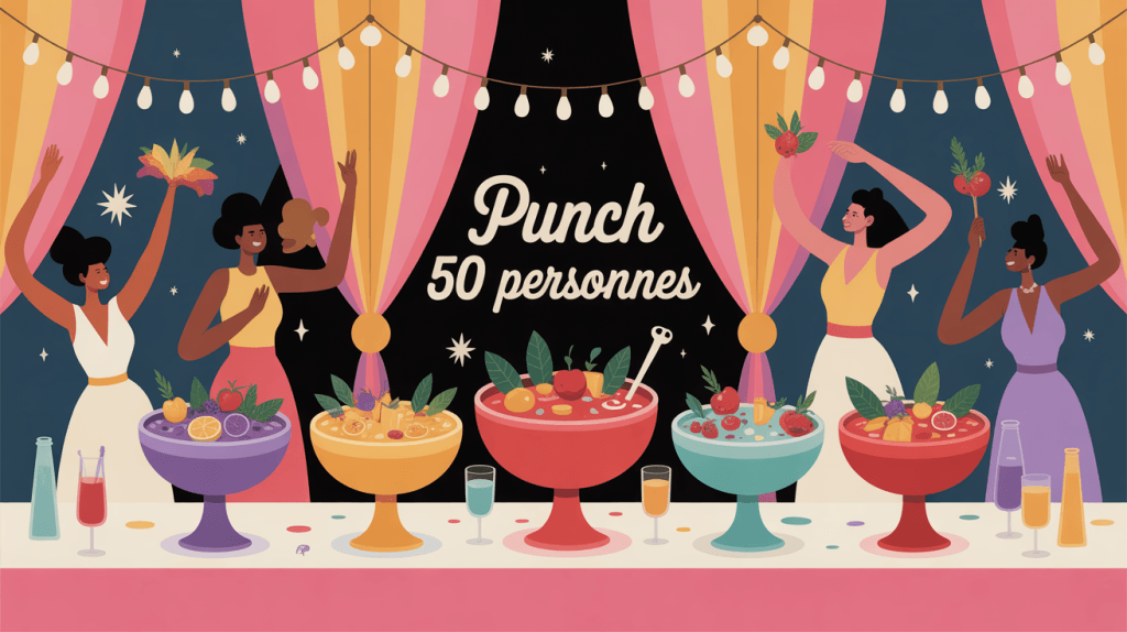 Table de fête avec punch 50 personnes grands saladiers et invités