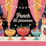 Table de fête avec punch 50 personnes grands saladiers et invités