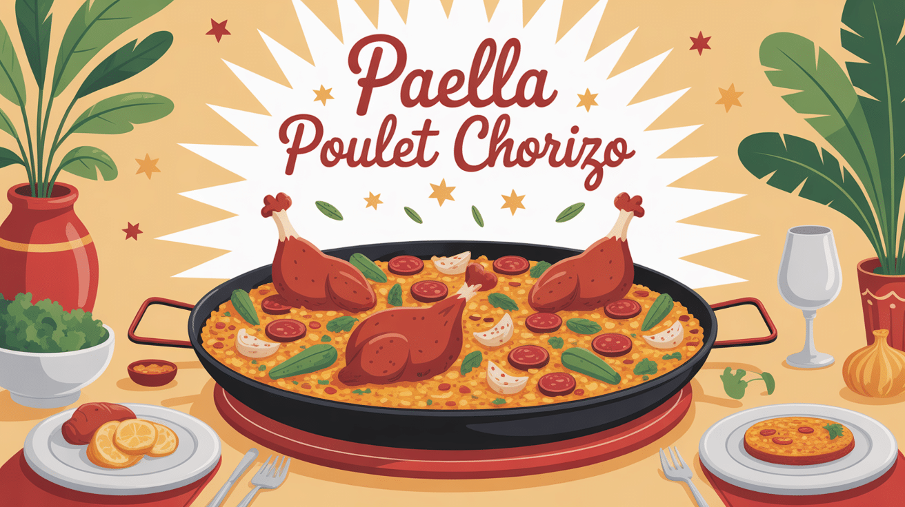 recette paella poulet et chorizo en grande poêle sur table espagnole