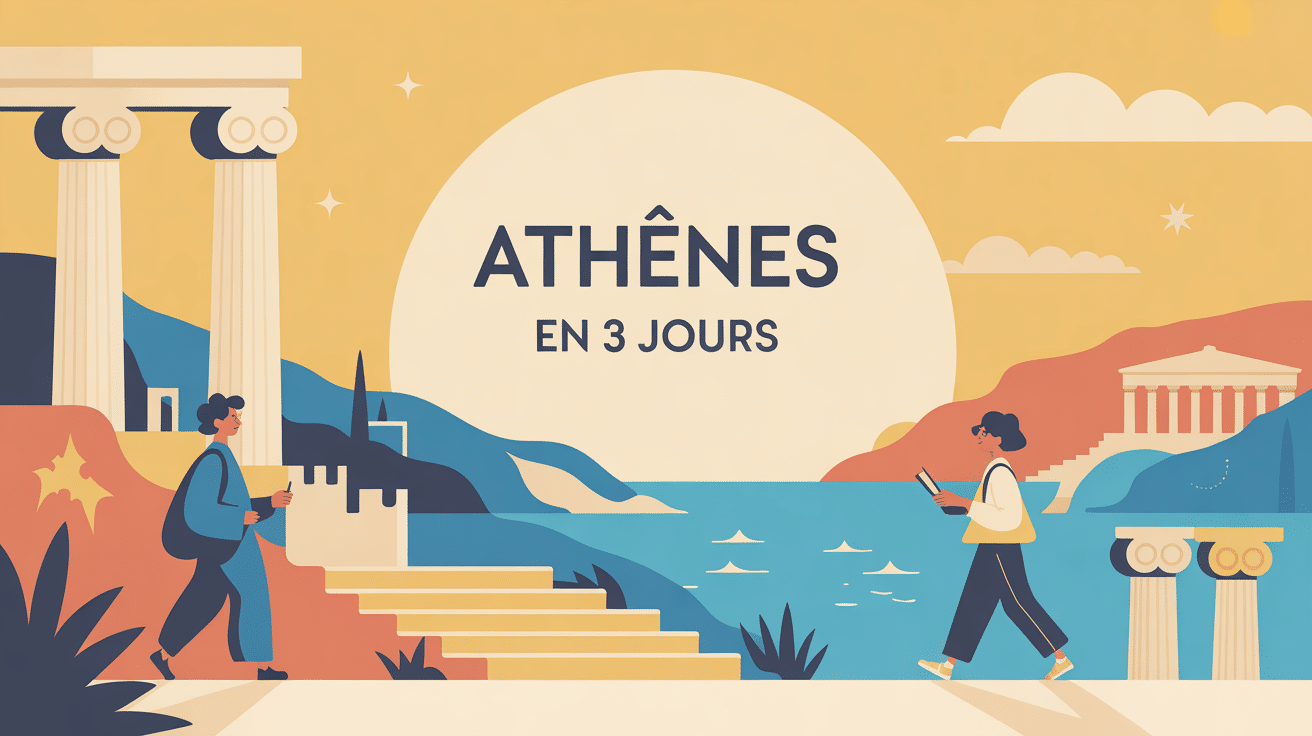 illustration stylisée visiter athènes en 3 jours temples panoramas
