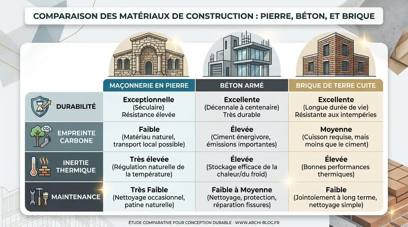 Infographie comparative : Pierre de taille massive vs Béton vs Brique