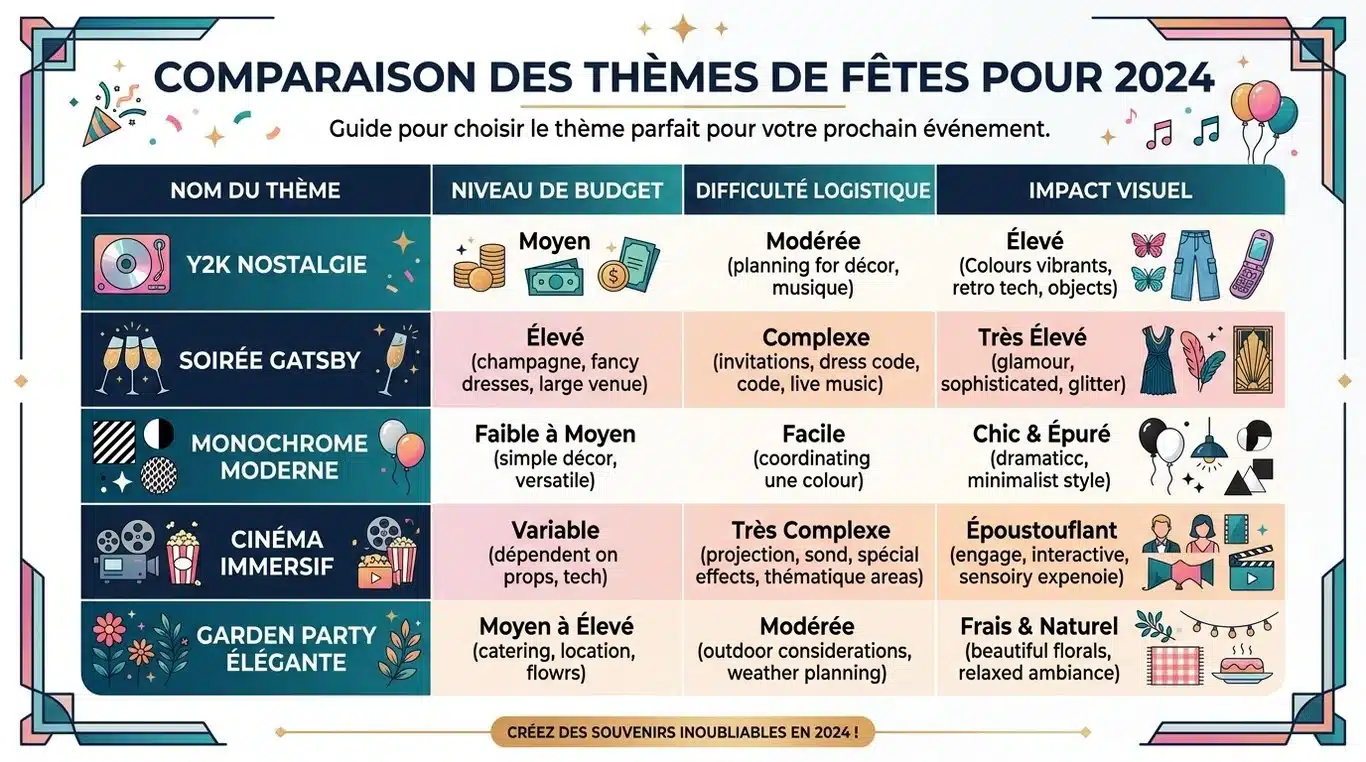 Infographie comparative des thèmes de soirée tendance 2024