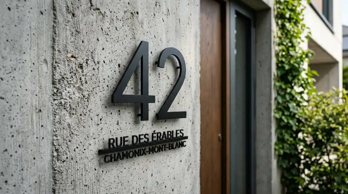 Numéro de maison design en aluminium noir mat sur un mur en béton