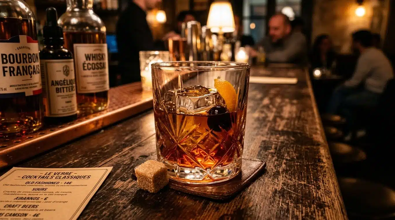 Cocktail Old Fashioned préparé avec un morceau de sucre