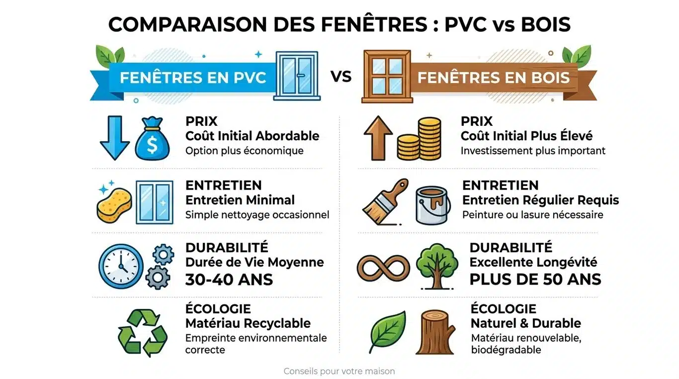 Infographie comparative : Fenêtres PVC vs Fenêtres Bois (prix, entretien, durabilité, écologie)