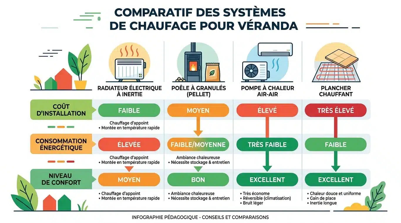 Infographie comparative des systèmes de chauffage pour véranda : coût, consommation et confort thermique.