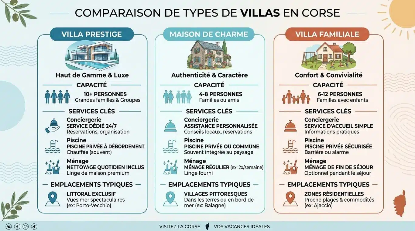 Infographie comparative des types de villas à louer en Corse : prestations, capacités et localisations