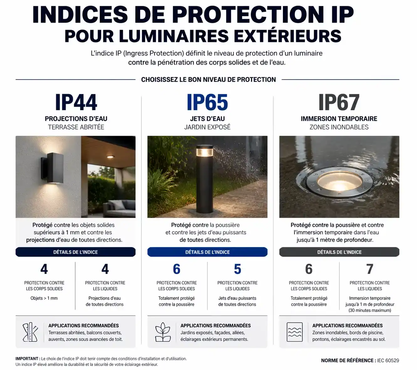 Infographie comparative des indices de protection IP pour guirlandes lumineuses extérieures