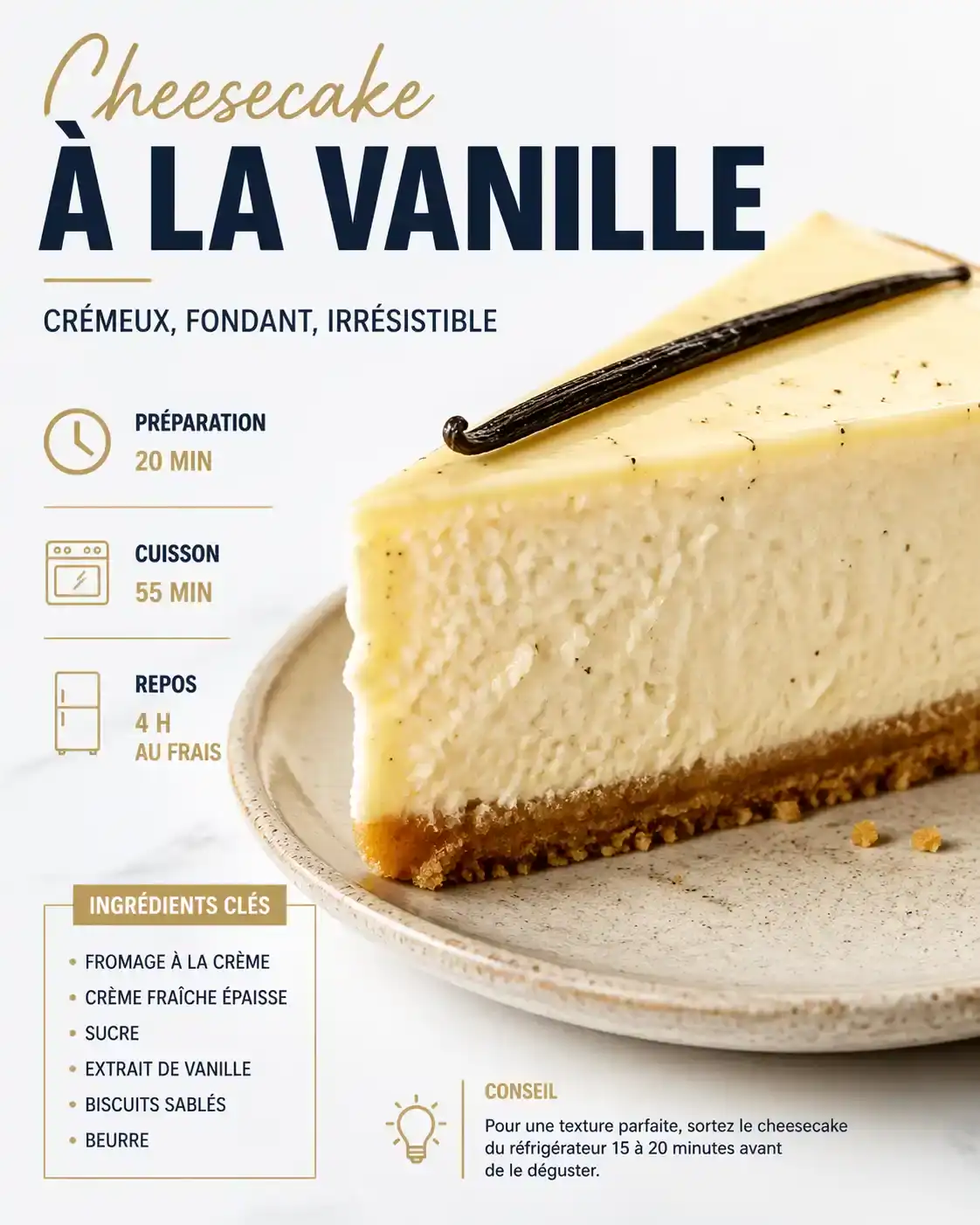 Cheesecake à la vanille onctueux servi sur une assiette