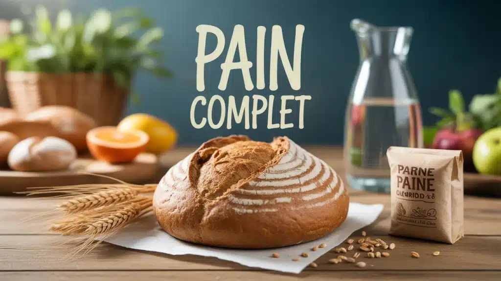 pain complet bienfait tranché sur table avec graines et blé