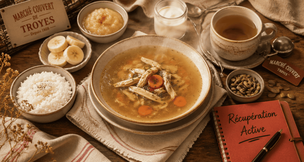 Que manger quand on est malade, bouillon, riz, banane, yaourt sur table rustique