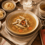 Que manger quand on est malade, bouillon, riz, banane, yaourt sur table rustique