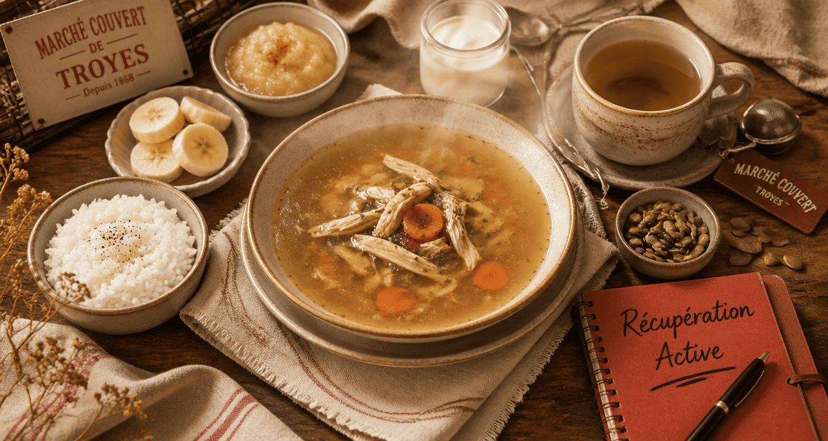Que manger quand on est malade, bouillon, riz, banane, yaourt sur table rustique