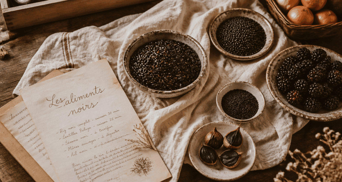 bols aliments noirs riz lentilles sésame mûres ail noir