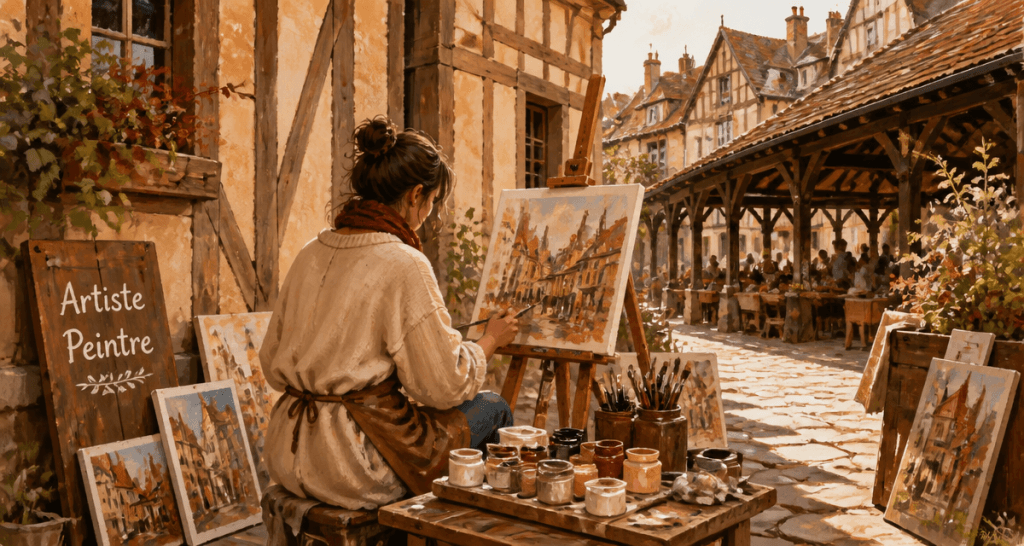 artiste peintre travaillant dans une ruelle de Troyes