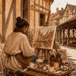 artiste peintre travaillant dans une ruelle de Troyes