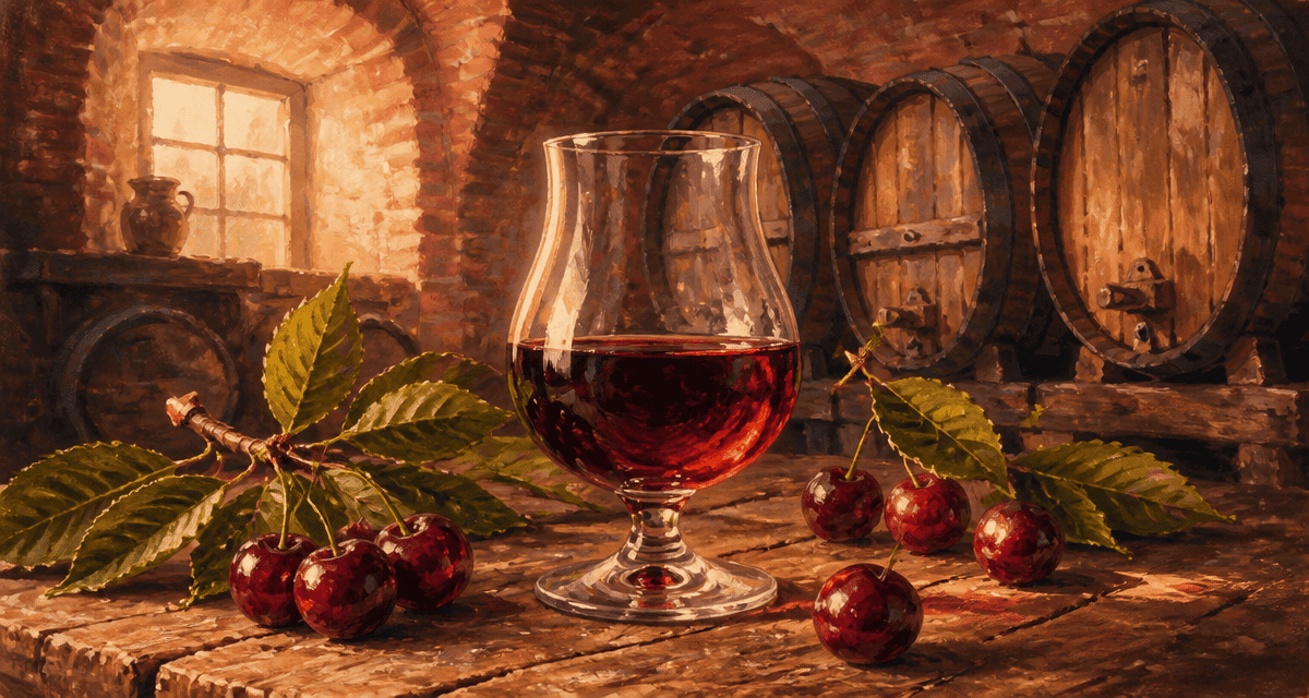 Cherry brandy liqueur avec cerises et cave rustique