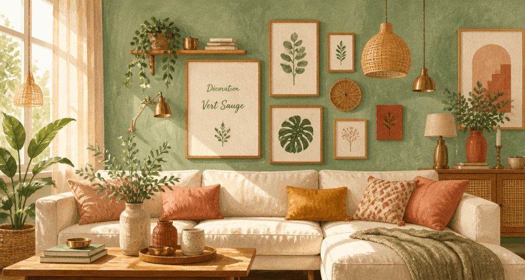 decoration murale vert sauge dans un salon lumineux
