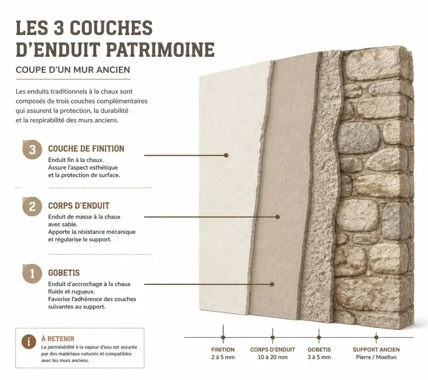 Schéma des trois couches d'un enduit patrimoine sur mur ancien