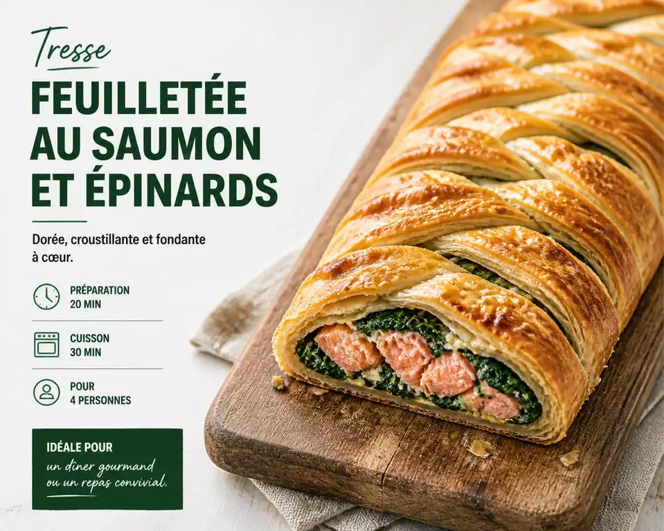 Tresse feuilletée au saumon et épinards croustillante et dorée, recette avec de la pâte feuilletée