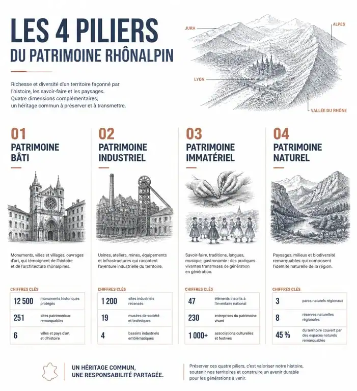 Infographie des différents types de patrimoine rhônalpin : bâti, industriel, immatériel et naturel